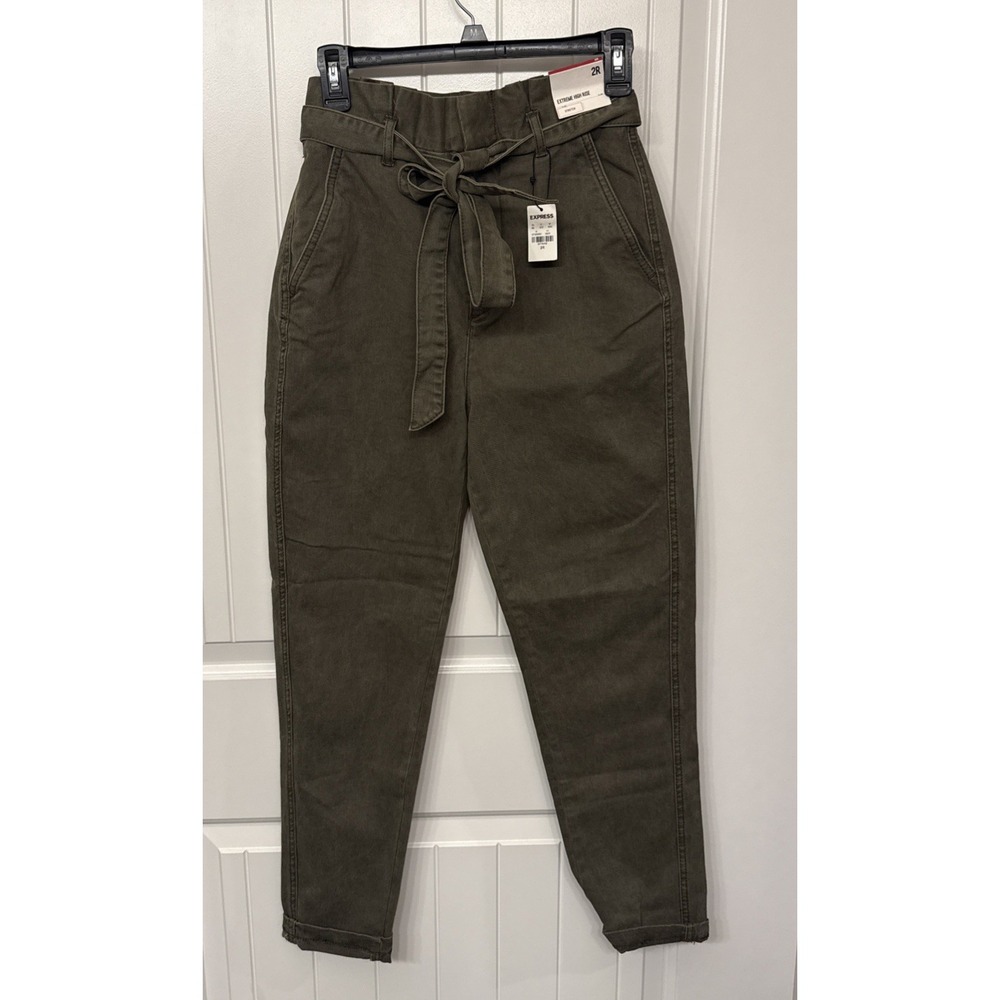 Woman's Express Extreme High-rise Stretch Olive Denim Pants 2R W/ Tie Belt